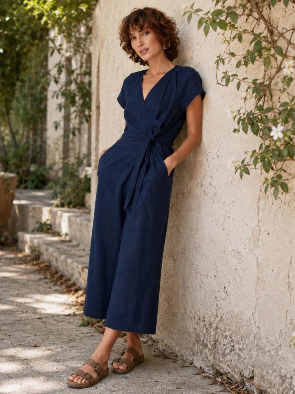 Whistles Etta 100% Linen Wrap Wide Leg Jumpsuit Navy Size 4